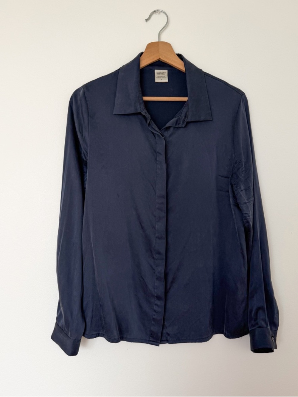 100% Silk Navy Elevated Basic Relaxed Fit Classic Satin Button Down